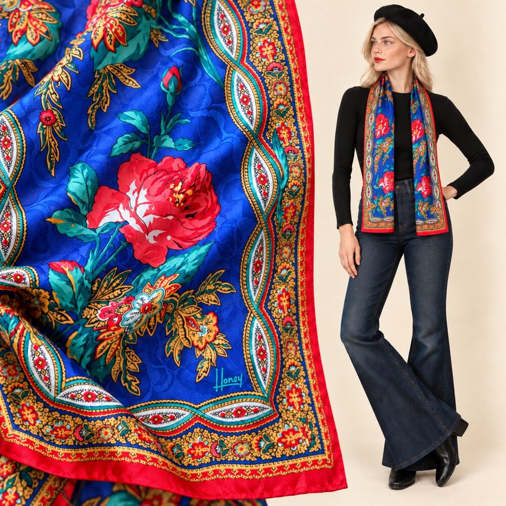 Vintage 90s Honey Long Rectangle Scarf Blue Red Rose Floral 53x10